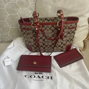 Vtg Coach Signature Tote 11353 4 Pc Set | Red Leather Trim Bag, Pink, Mint